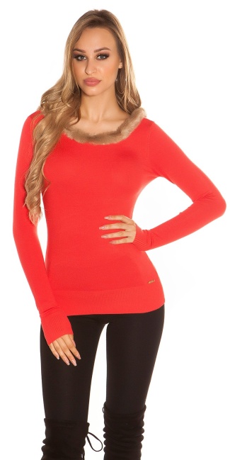 Back! finednitted jumper with fake fell Coral